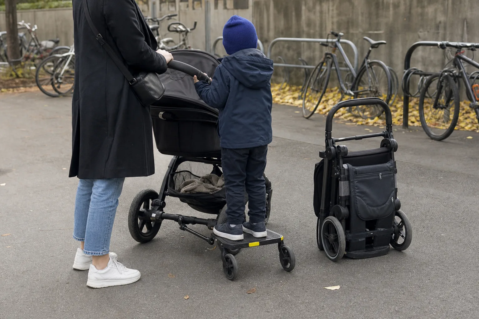 Mörk kompakt resevagn bakom barnvagn