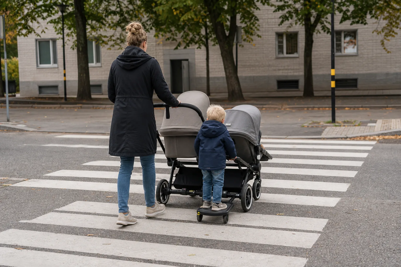 Två sammankopplade barnvagnar på övergångsställe