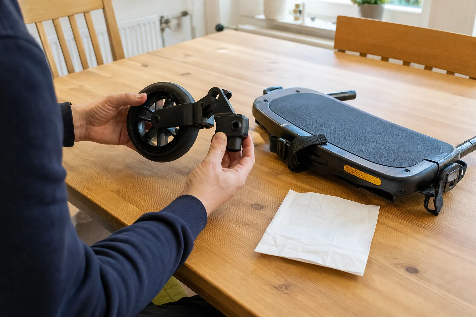 Hjul och fäste kontrolleras vid köksbord