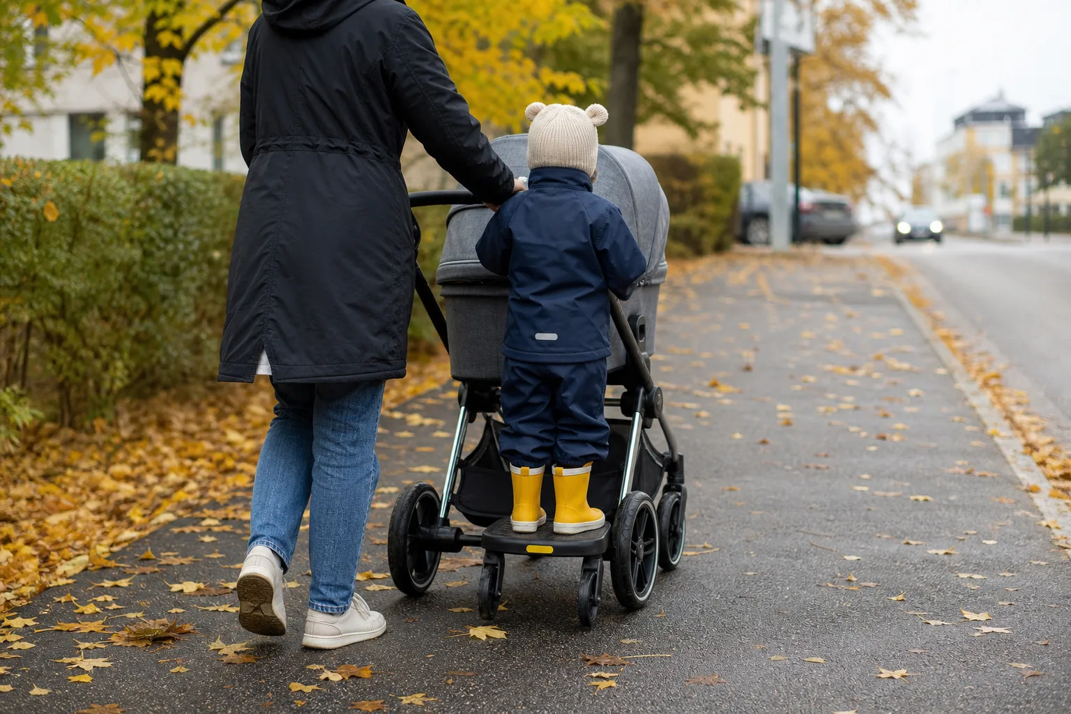 Barn i gummistövlar på ståbräda bakom barnvagn