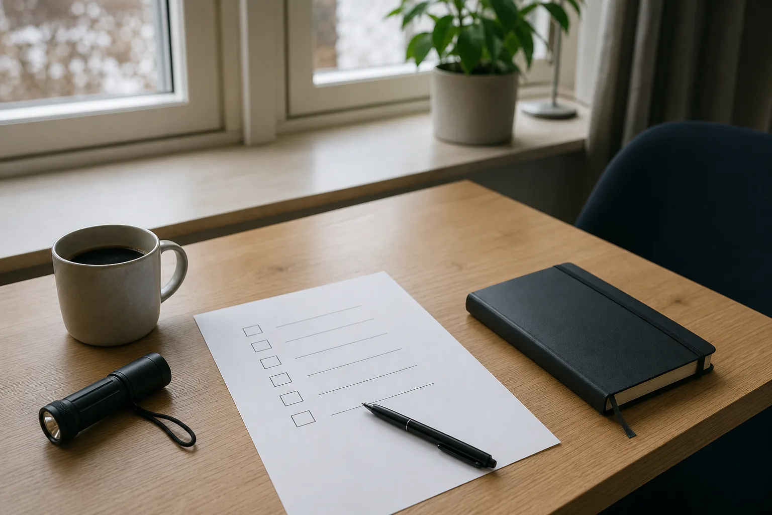 Skrivbord vid fönster med checklista och kaffe