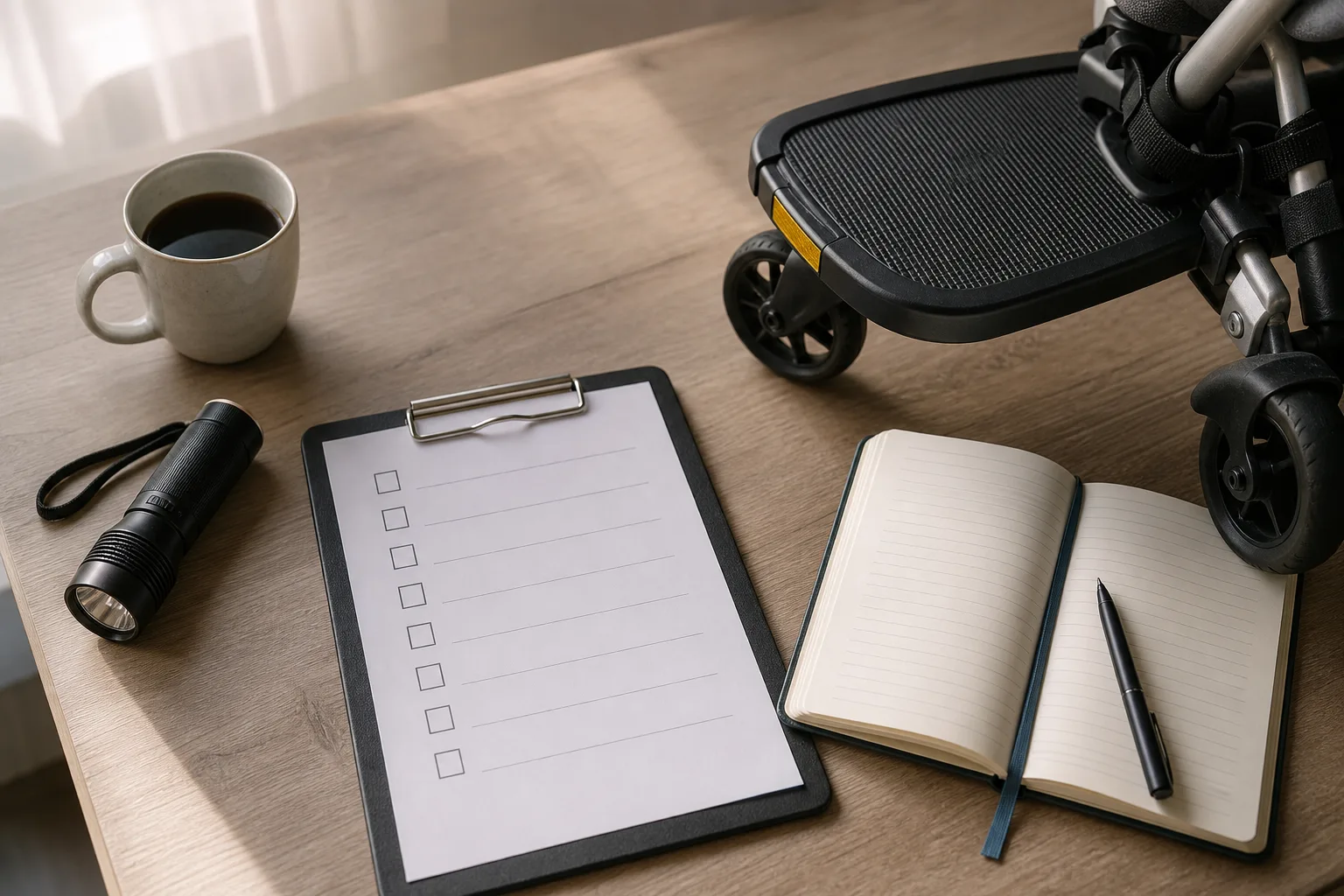 Skrivbord med checklista, ficklampa och kaffe