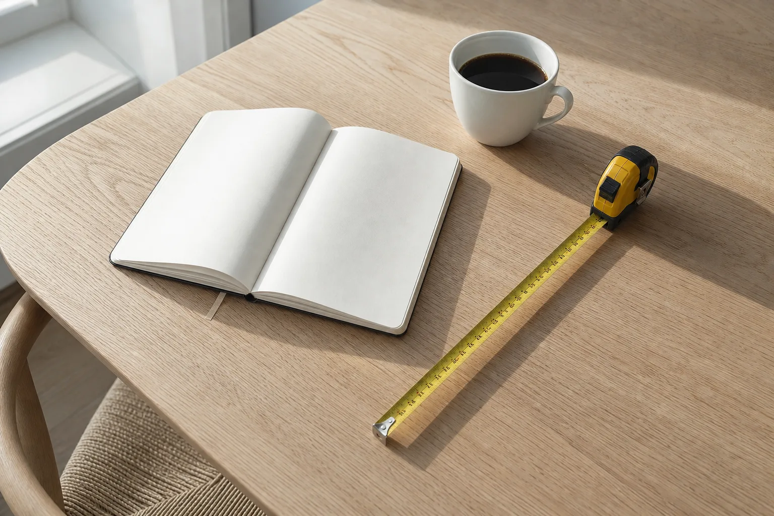 Skrivbord med måttband, checklista och kaffe