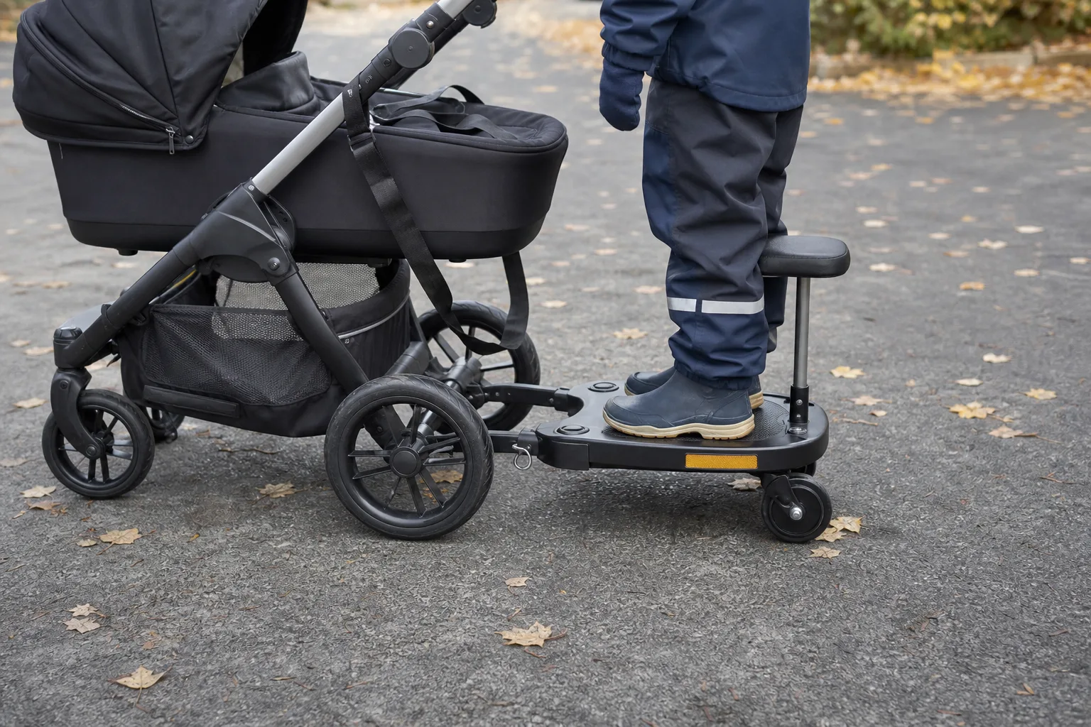 Låg sits på ståbräda bakom barnvagn