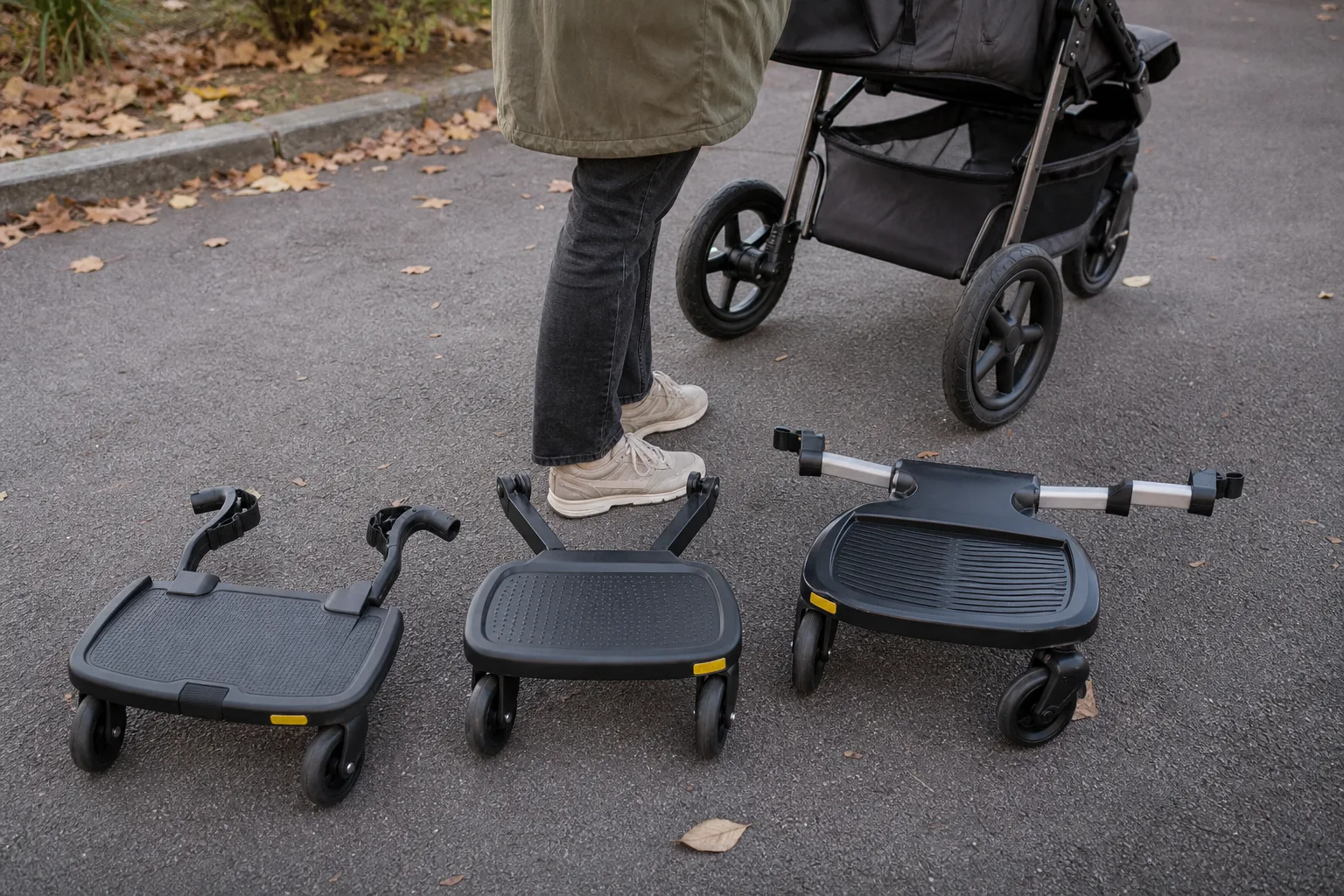 Olika ståbrädor jämförda bredvid barnvagn