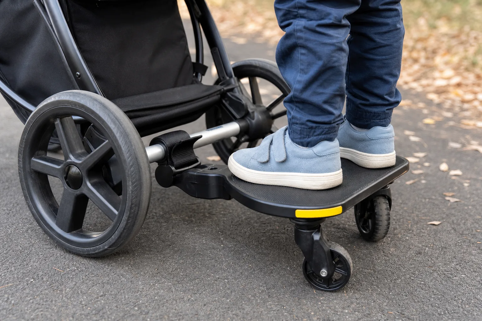 Universalfäste med spännband på barnvagnens bakaxel