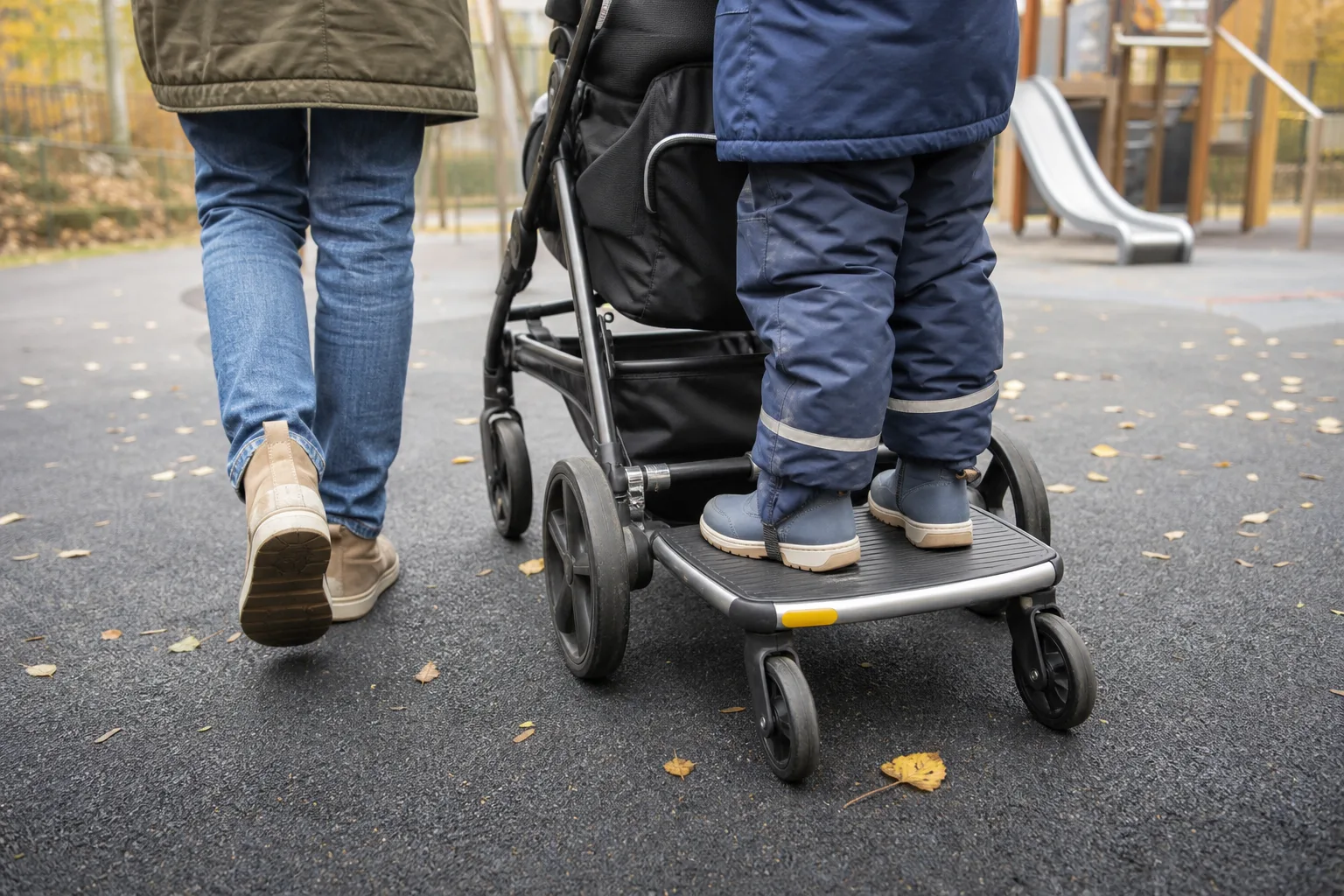 Ståbräda med två hjul vid barnvagn på lekplats