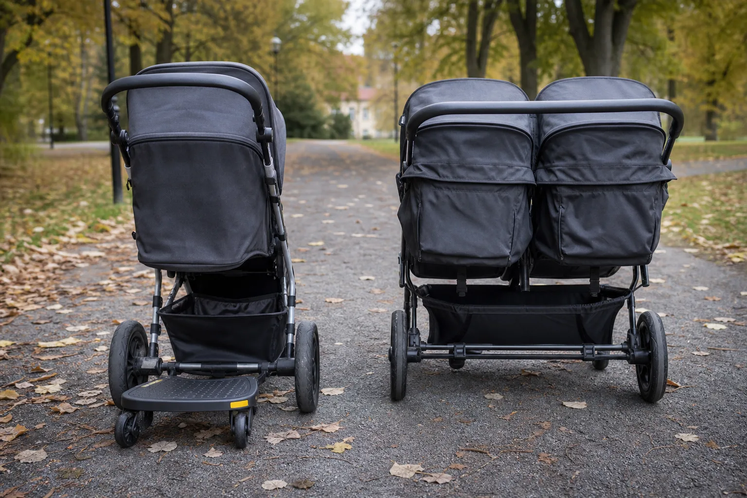Enkelvagn med ståbräda bredvid vagn för två barn