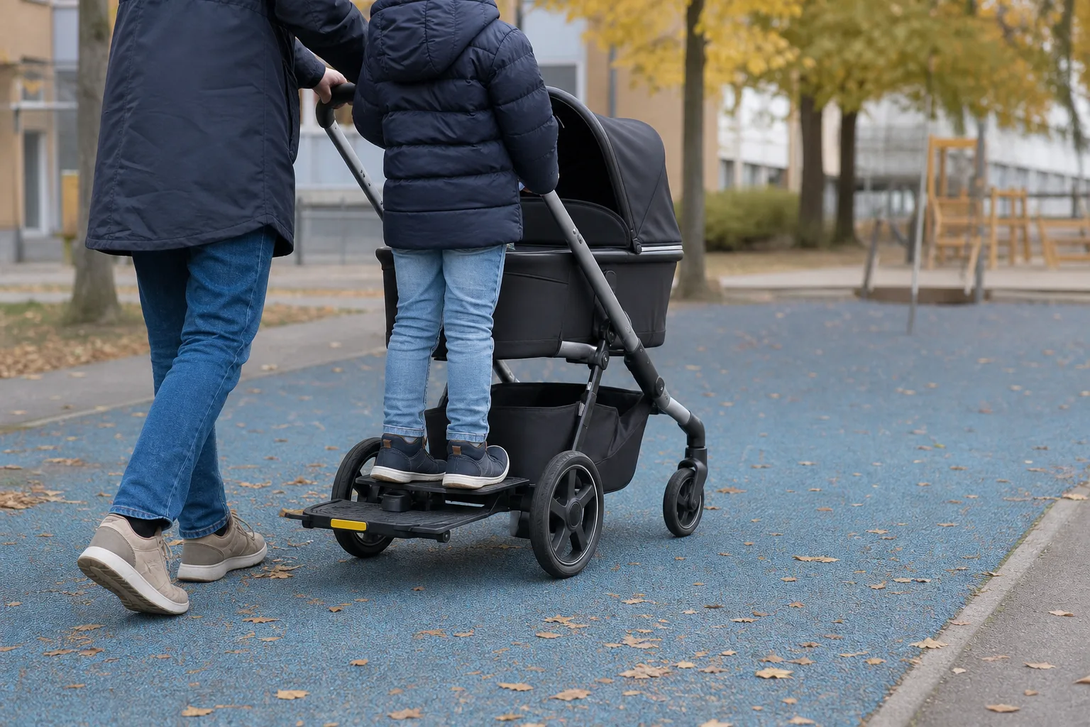 Barn på ståbräda med sits bakom barnvagn
