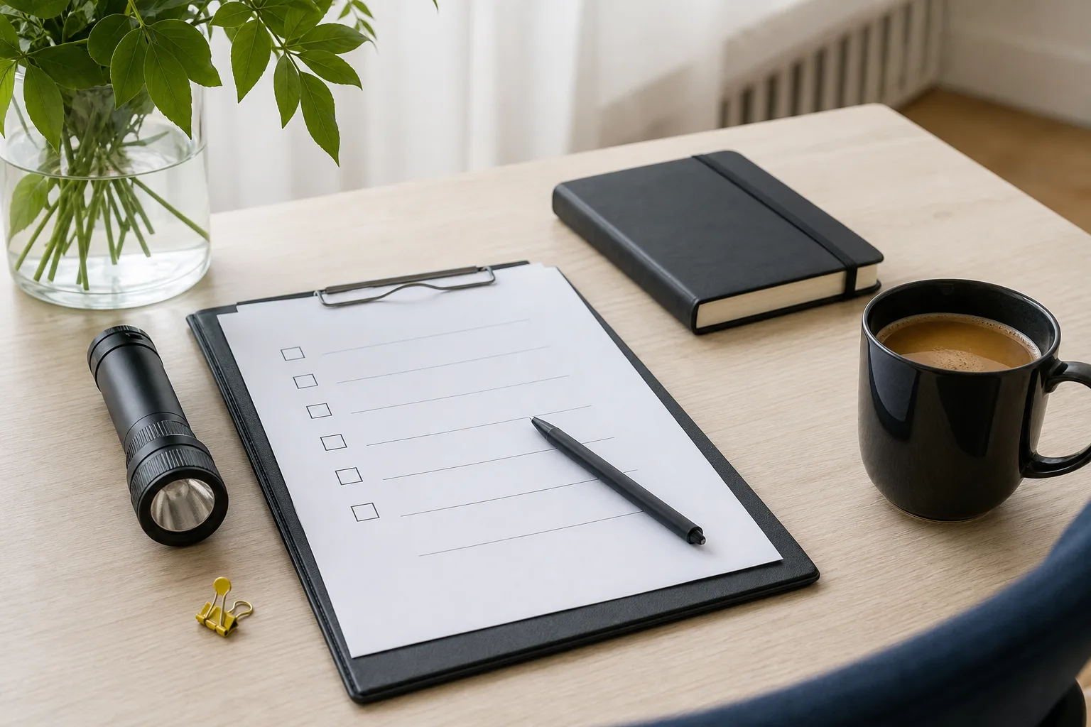 Ljust skrivbord med checklista, ficklampa och kaffe