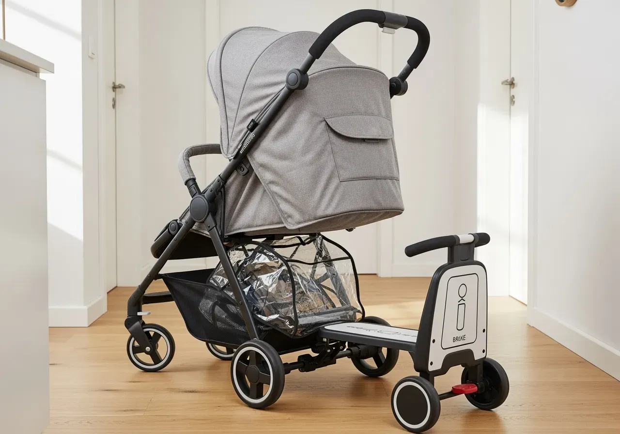 Grå ståbräda med sits till barnvagn